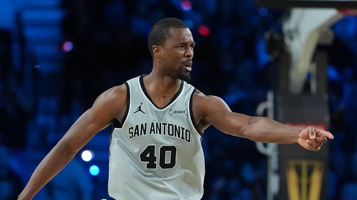 Dec 13, 2025; Las Vegas, Nevada, USA; San Antonio Spurs forward Harrison Barnes (40) reacts during the third quarter against the Oklahoma City Thunder at T-Mobile Arena. Mandatory Credit: Kirby Lee-Imagn Images