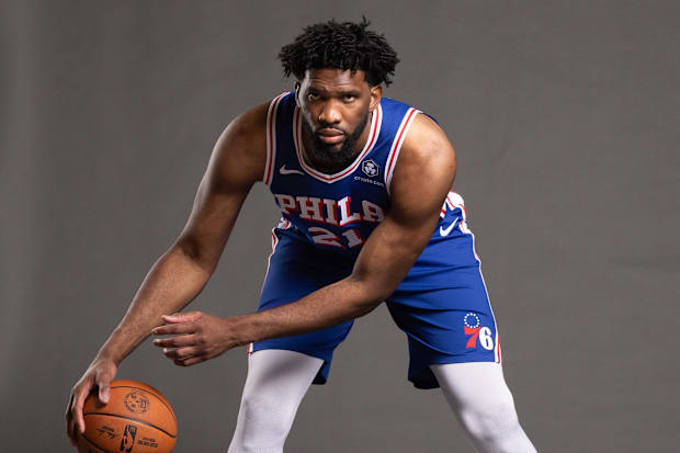 Sep 30, 2024; Camden, NJ, USA; Joel Embiid poses for a photo on media day at the Philadelphia 76ers Training Complex.
