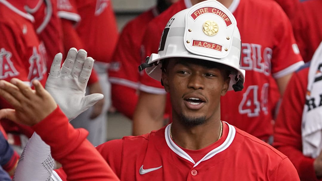 Mar 30, 2025; Chicago, Illinois, USA; Los Angeles Angels outfielder Kyren Paris (19)  celebrates his home run against the Chicago White Sox during the eighth inning at Guaranteed Rate Field. Mandatory Credit: David Banks-Imagn Images