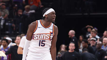 Oct 27, 2025; Salt Lake City, Utah, USA; Phoenix Suns center Mark Williams (15) reacts to tipping a ball in for a basket to tie the game against the Utah Jazz in the last seconds of the fourth quarter at Delta Center. Mandatory Credit: Rob Gray-Imagn Images