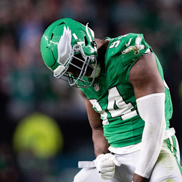 Oct 22, 2023; Philadelphia, Pennsylvania, USA; Philadelphia Eagles defensive end Josh Sweat (94) reacts to his sack during the fourth quarter against the Miami Dolphins at Lincoln Financial Field. Mandatory Credit: Bill Streicher-Imagn Images