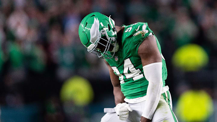 Oct 22, 2023; Philadelphia, Pennsylvania, USA; Philadelphia Eagles defensive end Josh Sweat (94) reacts to his sack during the fourth quarter against the Miami Dolphins at Lincoln Financial Field. Mandatory Credit: Bill Streicher-Imagn Images