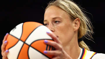 Aug 7, 2025; Phoenix, Arizona, USA; Indiana Fever guard Sophie Cunningham (8) against the Phoenix Mercury during an WNBA game at PHX Arena. Mandatory Credit: Mark J. Rebilas-Imagn Images