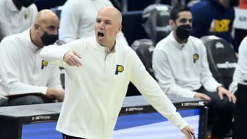 May 10, 2021; Cleveland, Ohio, USA; Indiana Pacers head coach Nate Bjorkgren reacts in the second quarter against the Cleveland Cavaliers at Rocket Mortgage FieldHouse. Mandatory Credit: David Richard-USA TODAY Sports