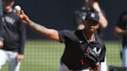 Tampa, FL, USA; New York Yankees starting pitcher Luis Gil (81) participates in spring training workouts at George M. Steinbrenner Field.