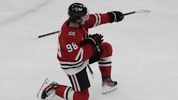 Oct 28, 2025; Chicago, Illinois, USA; Chicago Blackhawks center Connor Bedard (98) celebrates his hat trick against the Ottawa Senators during the third period at United Center. Mandatory Credit: David Banks-Imagn Images