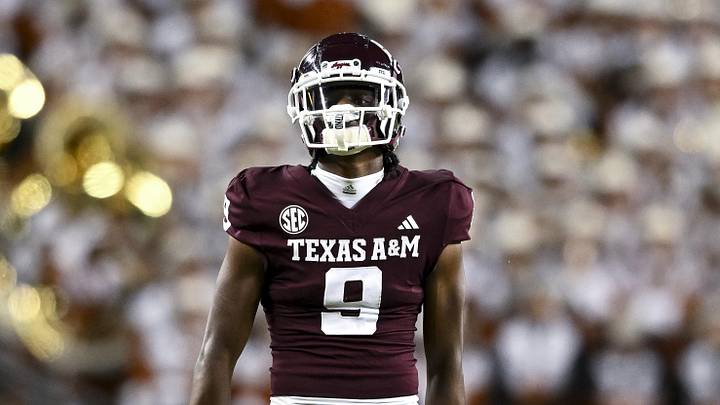 Nov 30, 2024; College Station, Texas, USA; Texas A&M Aggies wide receiver Jahdae Walker (9) reacts during the first half against the Texas Longhorns. The Longhorns defeated the Aggies 17-7 at Kyle Field. Mandatory Credit: Maria Lysaker-Imagn Images  