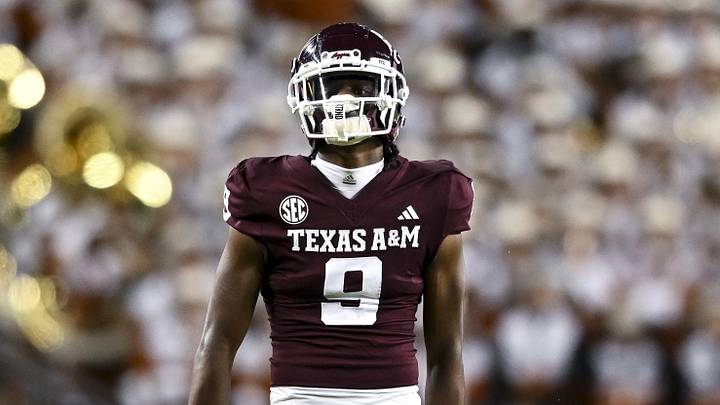 Nov 30, 2024; College Station, Texas, USA; Texas A&M Aggies wide receiver Jahdae Walker (9) reacts during the first half against the Texas Longhorns. The Longhorns defeated the Aggies 17-7 at Kyle Field. Mandatory Credit: Maria Lysaker-Imagn Images  