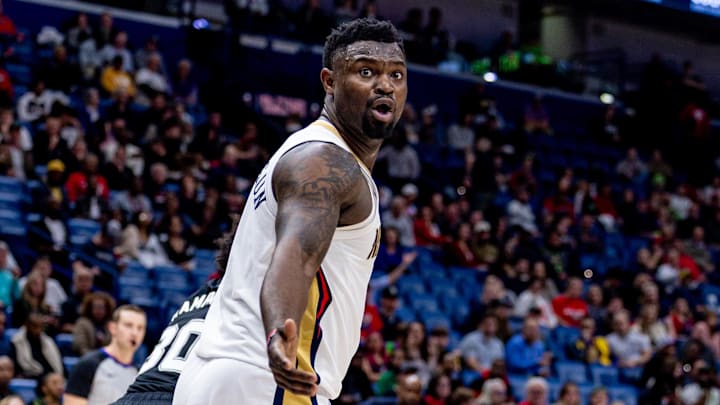 New Orleans Pelicans forward Zion Williamson reacts to a play against the San Antonio Spurs. New Orleans Pelicans forward Zion Williamson reacts to a play against the San Antonio Spurs.
