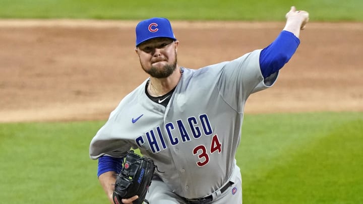 Sep 26, 2020; Chicago, Illinois, USA; Chicago Cubs starting pitcher Jon Lester (34) throws a pitch against the Chicago White Sox during the first inning at Guaranteed Rate Field. 