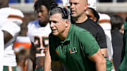 Nov 1, 2025; Dallas, Texas, USA;  Miami Hurricanes head coach Mario Cristobal looks on from the sidelines during the second half against the SMU Mustangs at Gerald J. Ford Stadium. Mandatory Credit: Jerome Miron-Imagn Images
