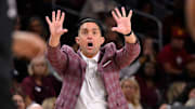 Mississippi State Bulldogs coach Sam Purcell signals his players during the second quarter of an NCAA Tournament game against the California Golden Bears at Galen Center.