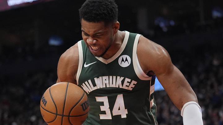 Nov 4, 2025; Toronto, Ontario, CAN; Milwaukee Bucks forward Giannis Antetokounmpo (34) reacts after making a basket against the Toronto Raptors during the first half at Scotiabank Arena. Mandatory Credit: John E. Sokolowski-Imagn Images