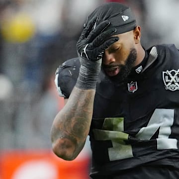 Dec 16, 2024; Paradise, Nevada, USA; Las Vegas Raiders defensive end K'Lavon Chaisson (44) walks off the field after the Raiders were defeated by the Atlanta Falcons at Allegiant Stadium. Mandatory Credit: Stephen R. Sylvanie-Imagn Images