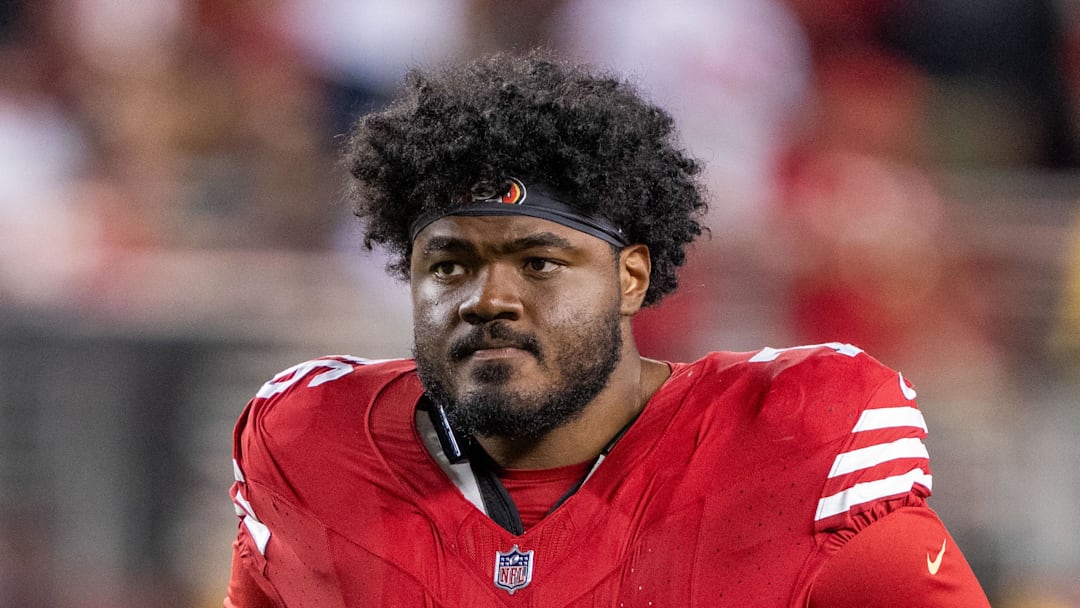 August 19, 2023; Santa Clara, California, USA; San Francisco 49ers guard Jaylon Moore (76) after the game against the Denver Broncos at Levi's Stadium. Mandatory Credit: Kyle Terada-Imagn Images