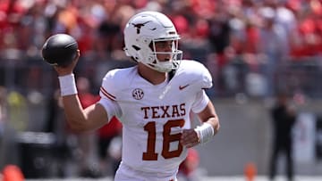 Aug 30, 2025; Columbus, Ohio, USA; Texas Longhorns quarterback Arch Manning (16) drops back to pass against the Ohio State Buckeyes in the first half at Ohio Stadium. Mandatory Credit: Joseph Maiorana-Imagn Images