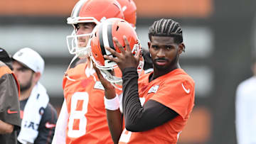 Cleveland Browns quarterback Shedeur Sanders listens to a play call during NFL mini camp at CrossCountry Mortgage Campus