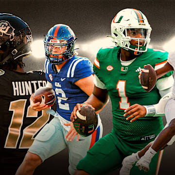 Travis Hunter (left), Jaxson Dart (center left), Cam Ward (center right) and Sheduer Sanders (right) lead their teams into the college football bowl season. 