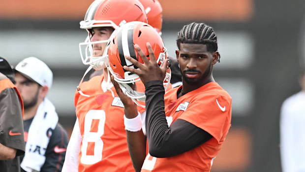 Berea, OH, USA; Cleveland Browns quarterback Shedeur Sanders (12) listens to a play call during mini camp at CrossCountry Mor