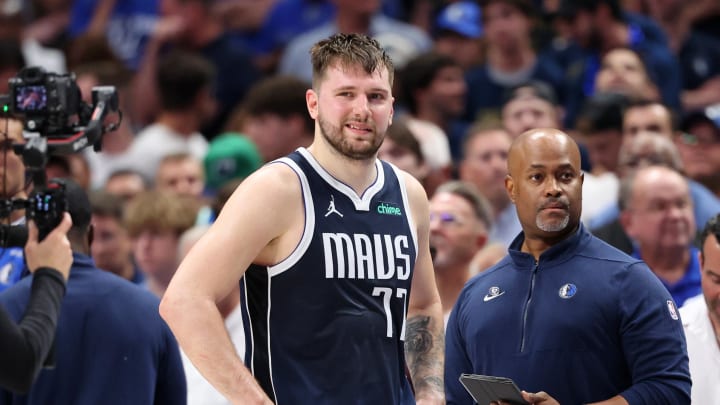 Jun 12, 2024; Dallas, Texas, USA; Dallas Mavericks guard Luka Doncic (77) reacts after fouling out of the game against the Boston Celtics during the fourth quarter during game three of the 2024 NBA Finals at American Airlines Center. Mandatory Credit: Kevin Jairaj-USA TODAY Sports