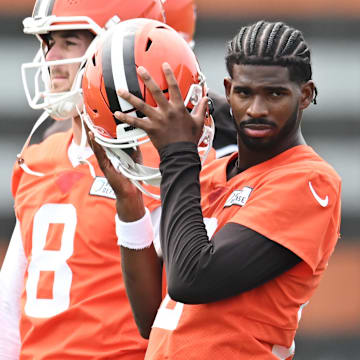 Jun 12, 2025; Berea, OH, USA; Cleveland Browns quarterback Shedeur Sanders (12) listens to a play call during mini camp at CrossCountry Mortgage Campus. Mandatory Credit: Ken Blaze-Imagn Images