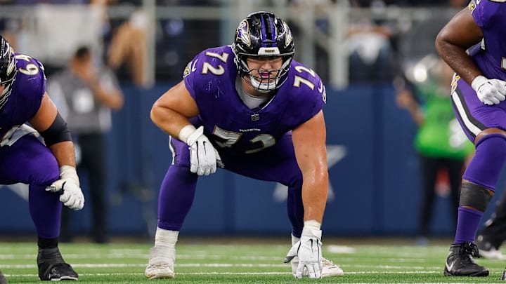 Sep 22, 2024; Arlington, Texas, USA; Baltimore Ravens guard Andrew Vorhees (72) lines up during the third quarter against the Dallas Cowboys at AT&T Stadium. Mandatory Credit: Andrew Dieb-Imagn Images