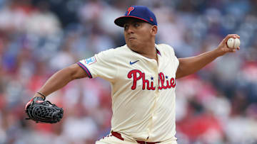 Aug 6, 2025; Philadelphia, Pennsylvania, USA; Philadelphia Phillies pitcher Ranger Suarez (55) throws a pitch during the first inning against the Baltimore Orioles at Citizens Bank Park. Mandatory Credit: Bill Streicher-Imagn Images