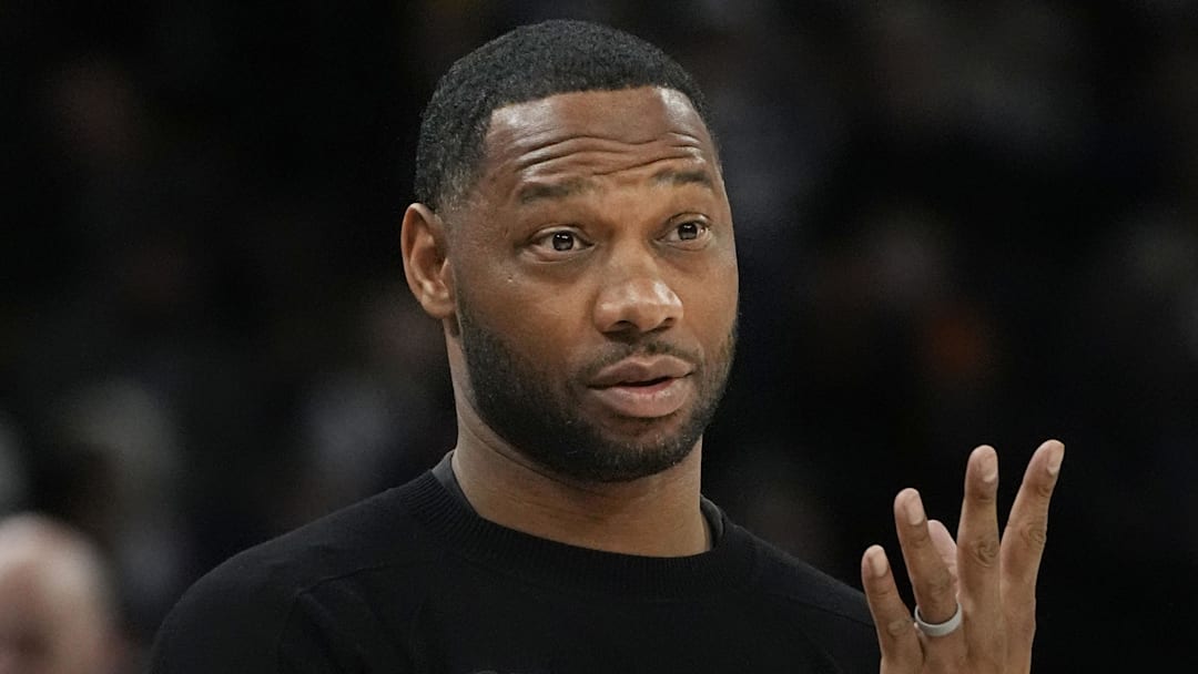 Mar 21, 2025; Minneapolis, Minnesota, USA; New Orleans Pelicans head coach Willie Green questions a referee on a call for the Minnesota Timberwolves in the third quarter at Target Center. Mandatory Credit: Bruce Kluckhohn-Imagn Images