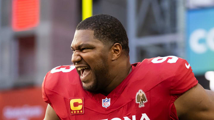 Dec 7, 2025; Glendale, Arizona, USA; Arizona Cardinals defensive end Calais Campbell (93) against the Los Angeles Rams at State Farm Stadium. Mandatory Credit: Mark J. Rebilas-Imagn Images