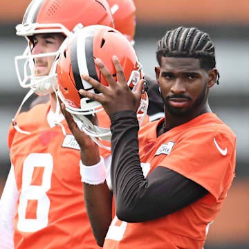 Jun 12, 2025; Berea, OH, USA; Cleveland Browns quarterback Shedeur Sanders (12) listens to a play call during mini camp at CrossCountry Mortgage Campus. Mandatory Credit: Ken Blaze-Imagn Images