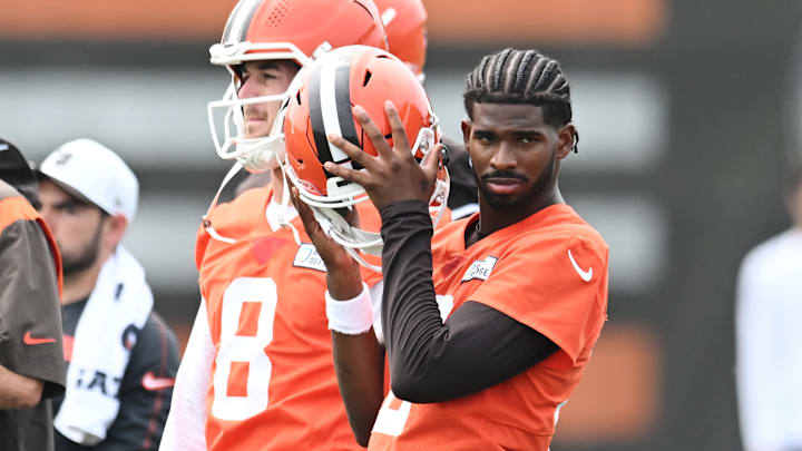 Jun 12, 2025; Berea, OH, USA; Cleveland Browns quarterback Shedeur Sanders (12) listens to a play call during mini camp at CrossCountry Mortgage Campus. Mandatory Credit: Ken Blaze-Imagn Images