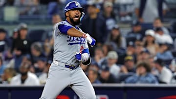 Oct 30, 2024; New York, New York, USA; Los Angeles Dodgers outfielder Teoscar Hernandez (37) celebrates after hitting a single during the ninth inning against the New York Yankees in game four of the 2024 MLB World Series at Yankee Stadium. Mandatory Credit: Brad Penner-Imagn Images