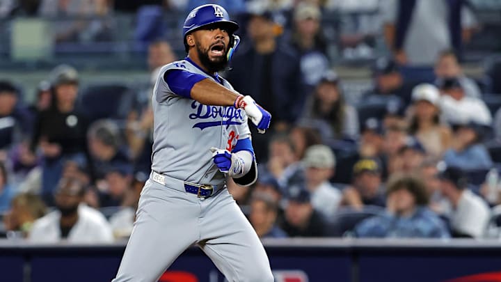Oct 30, 2024; New York, New York, USA; Los Angeles Dodgers outfielder Teoscar Hernandez (37) celebrates after hitting a single during the ninth inning against the New York Yankees in game four of the 2024 MLB World Series at Yankee Stadium. Mandatory Credit: Brad Penner-Imagn Images