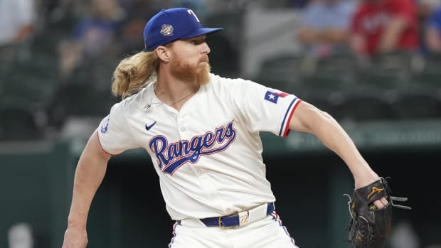 Jun 17, 2024; Arlington, Texas, USA; Texas Rangers starting pitcher Jon Gray (22) delivers a pitch to the New York Mets during the first inning at Globe Life Field. Mandatory Credit: Jim Cowsert-USA TODAY Sports