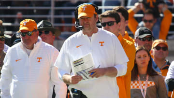 Nov 4, 2023; Knoxville, Tennessee, USA; Tennessee Volunteers head coach Josh Heupel looks on during the first half against the Connecticut Huskies at Neyland Stadium. Mandatory Credit: Randy Sartin-USA TODAY Sports