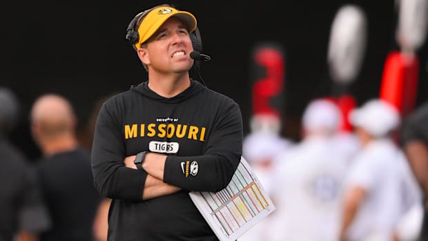 Missouri Tigers head coach Eli Drinkwitz looks up at the video board against Vanderbilt.