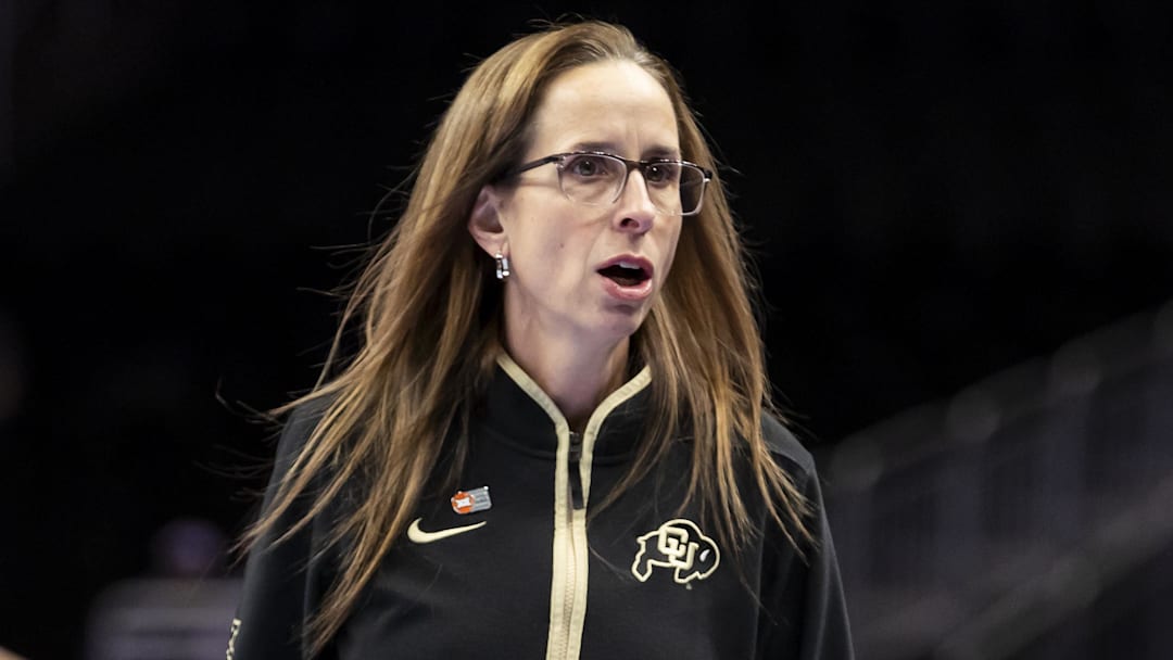 Mar 6, 2026; Kansas City, MO, USA; Colorado Buffaloes head coach JR Payne reacts to a play against the Baylor Bears during the first half at T-Mobile Center.