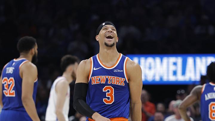 Mar 29, 2026; Oklahoma City, Oklahoma, USA; New York Knicks guard Josh Hart (3) reacts after a foul is called against him during the second half against the Oklahoma City Thunder at Paycom Center. Mandatory Credit: Alonzo Adams-Imagn Images