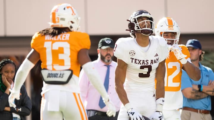 Oct 14, 2023; Knoxville, TN, USA;  Texas A&M wide receiver Noah Thomas (3) reacts on the field during a football game between Tennessee and Texas A&M at Neyland Stadium in Knoxville, Tenn., on Saturday, Oct. 14, 2023. Mandatory Credit: Brianna Paciorka-USA TODAY Sports