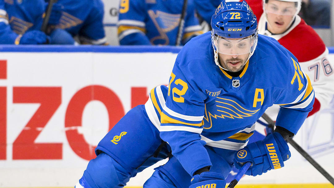 Jan 3, 2026; St. Louis, Missouri, USA; St. Louis Blues defenseman Justin Faulk (72) controls the puck against the Montreal Canadiens during the first period at Enterprise Center. Mandatory Credit: Jeff Curry-Imagn Images