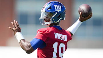 New York Giants quarterback Jameis Winston (19) throws the ball on day two of training camp at Quest Diagnostics Giants Training Center, Jul 24, 2025, East Rutherford, NJ, USA.
