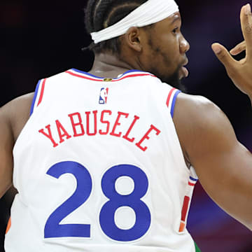 Mar 26, 2025; Philadelphia, Pennsylvania, USA; Philadelphia 76ers forward Guerschon Yabusele (28) reacts to his three pointer against the Washington Wizards during the first quarter at Wells Fargo Center. Mandatory Credit: Bill Streicher-Imagn Images