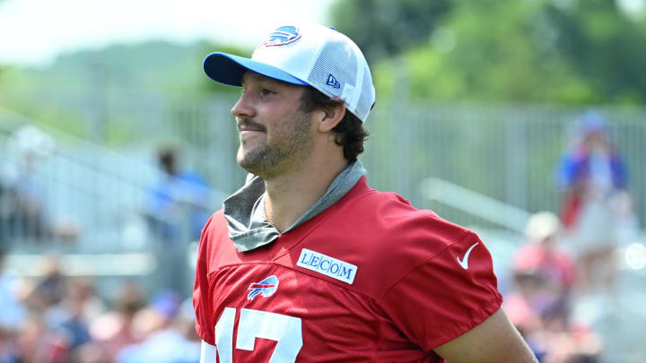 Jul 24, 2024; Rochester, NY, USA;  Buffalo Bills quarterback Josh Allen (17) during training camp at St. John Fisher University. Mandatory Credit: Mark Konezny-USA TODAY Sports