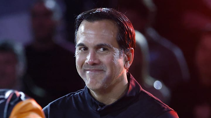 Miami Heat head coach Erik Spoelstra reacts (Mandatory Credit: Rhona Wise-Imagn Images)