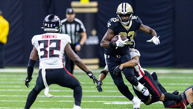 New Orleans Saints tight end Juwan Johnson (83) after a catch against the Atlanta Falcons 