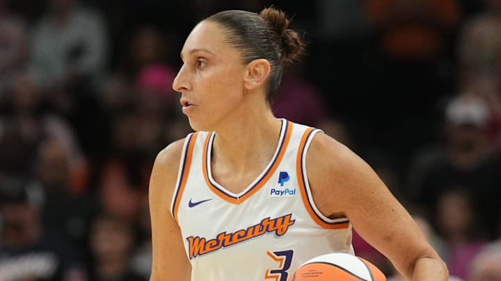 Aug 5, 2023; Phoenix, Arizona, USA; Phoenix Mercury guard Diana Taurasi (3) controls the ball against the Seattle Storm during the first half at Footprint Center. Mandatory Credit: Joe Camporeale-Imagn Images Aug 5, 2023; Phoenix, Arizona, USA; Phoenix Mercury guard Diana Taurasi (3) controls the ball against the Seattle Storm during the first half at Footprint Center. Mandatory Credit: Joe Camporeale-Imagn Images