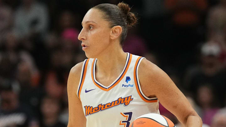Aug 5, 2023; Phoenix, Arizona, USA; Phoenix Mercury guard Diana Taurasi (3) controls the ball against the Seattle Storm during the first half at Footprint Center. Mandatory Credit: Joe Camporeale-Imagn Images Aug 5, 2023; Phoenix, Arizona, USA; Phoenix Mercury guard Diana Taurasi (3) controls the ball against the Seattle Storm during the first half at Footprint Center. Mandatory Credit: Joe Camporeale-Imagn Images