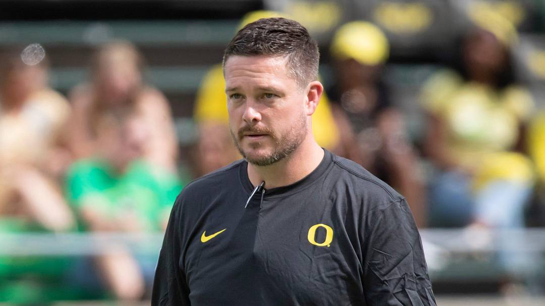 Oregon head coach Dan Lanning walks the field as the Oregon Ducks warm up to host Portland State in the Ducks    season opener Saturday, Sept. 2, 2023, at Autzen Stadium in Eugene, Ore.