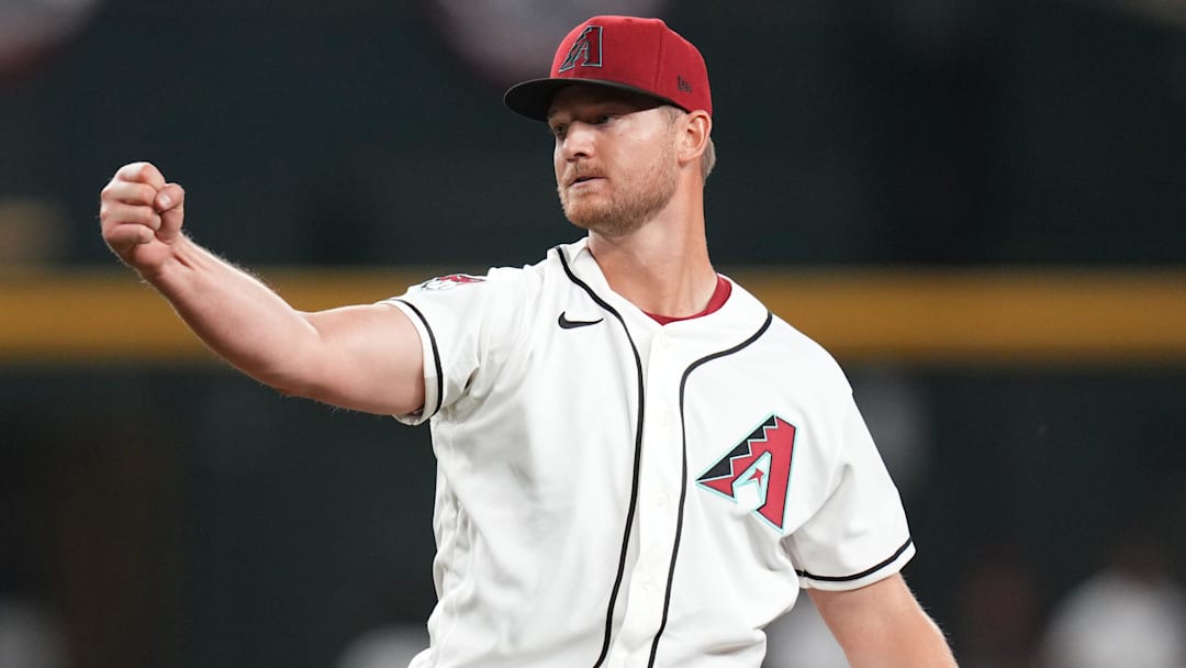 Arizona Diamondbacks right-hander Michael Soroka (34) reacts after striking out a batter to end the inning against the Detroit Tigers at Chase Field on March 30, 2026.