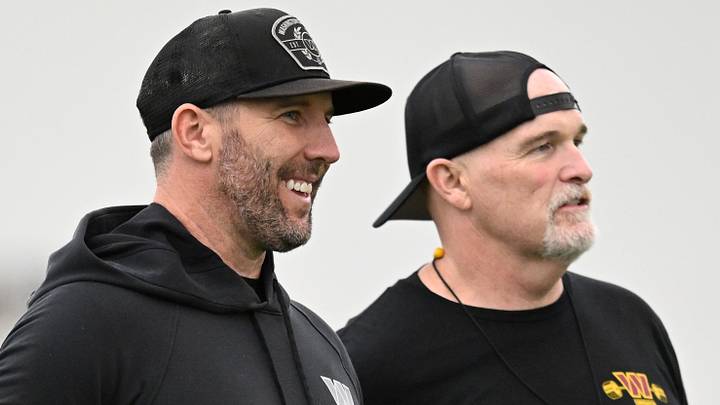 Washington Commanders general manager Adam Peters and head coach Dan Quinn